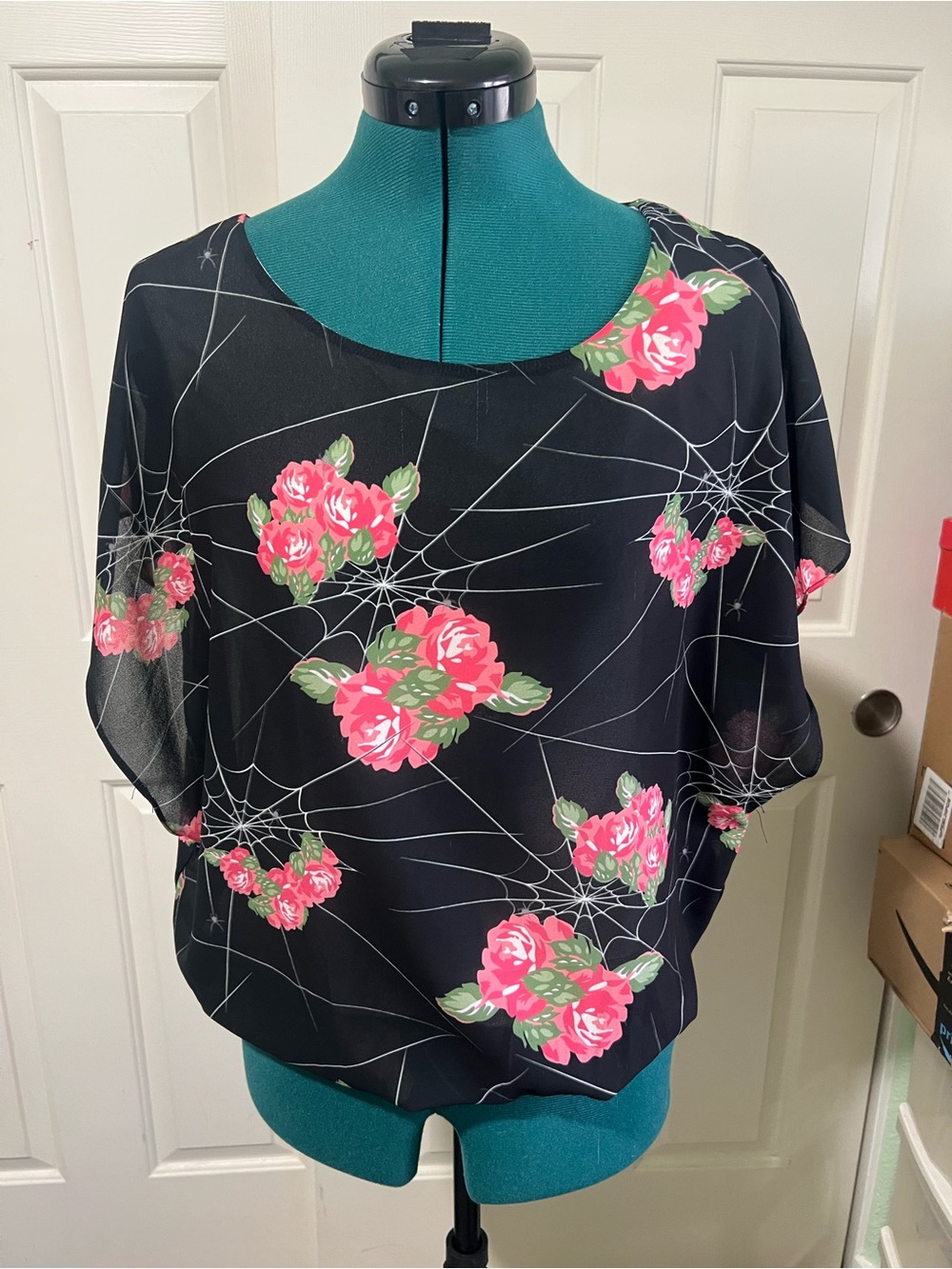 Black Dolman Sleeve Top - Whimsigoth spiders and roses! Med